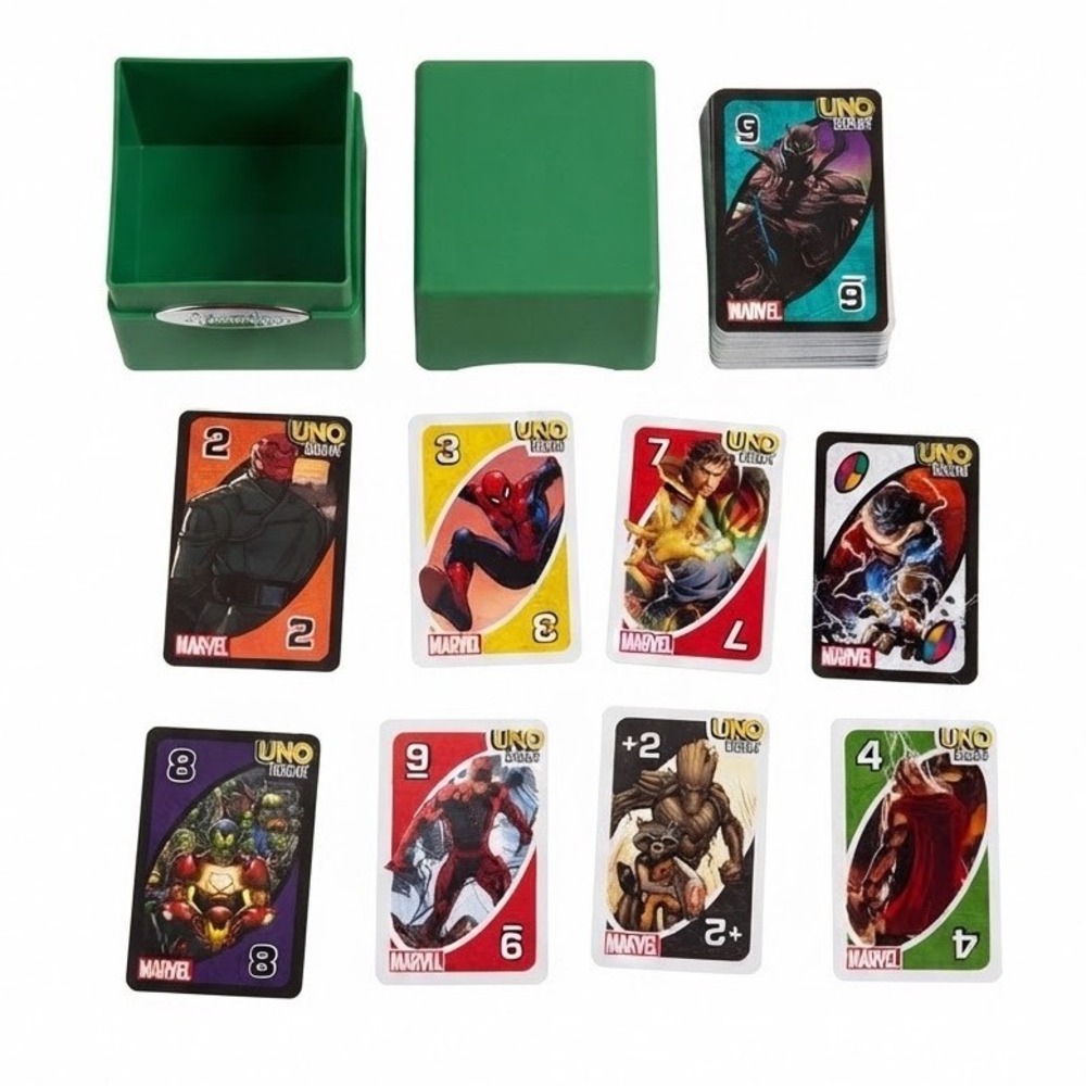 Marvel Uno Flip Card Game Green Mattel Superheroes + Ultra Pro Deck Box + Covers